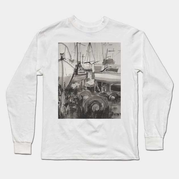 Boatyard, sketch of the boatyard, Uphill, North Somerset Long Sleeve T-Shirt by krisevansart